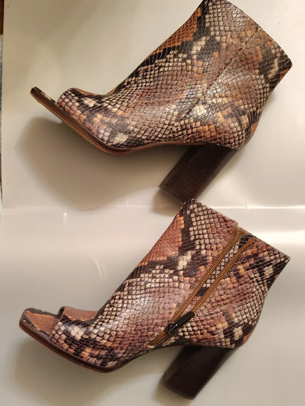 Vince Camuto Brown Snake-Print Peep-Toe Ankle Bootie